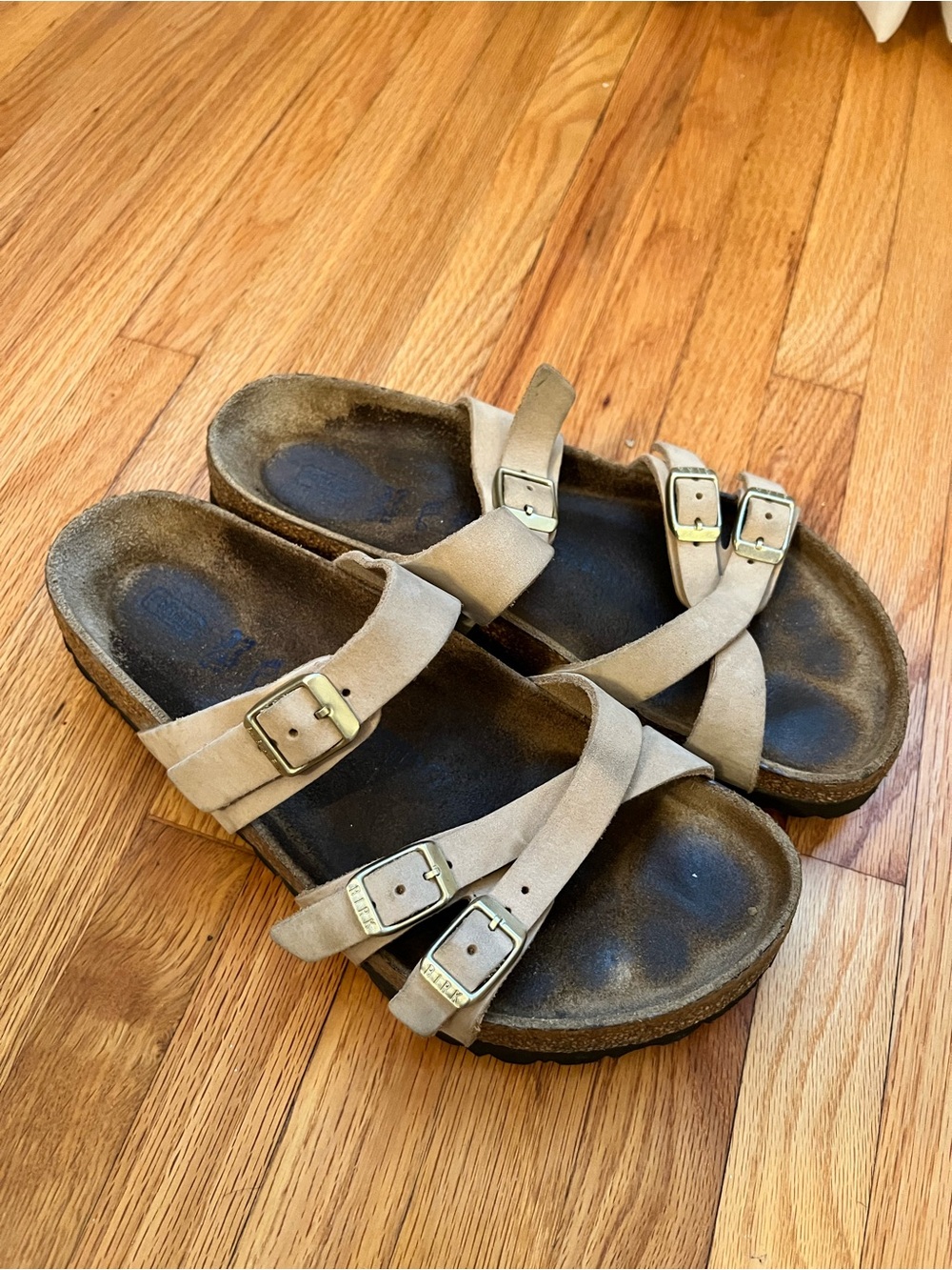 Birkenstock Franca  Beige/Tan Suede Double-Buckle Slide Sandals